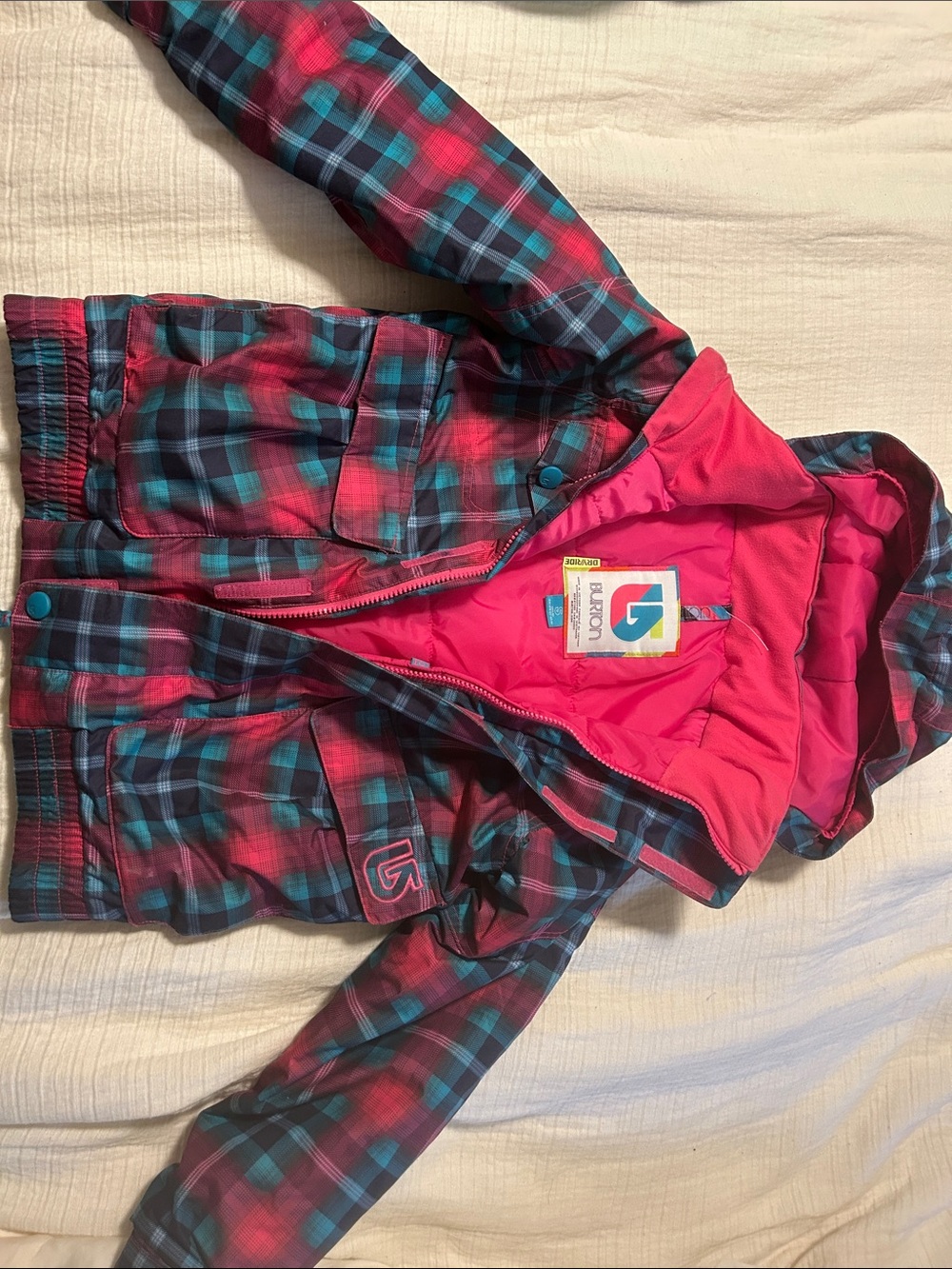 Burton Kids Plaid Hooded Puffer Jacket in Pink & Teal